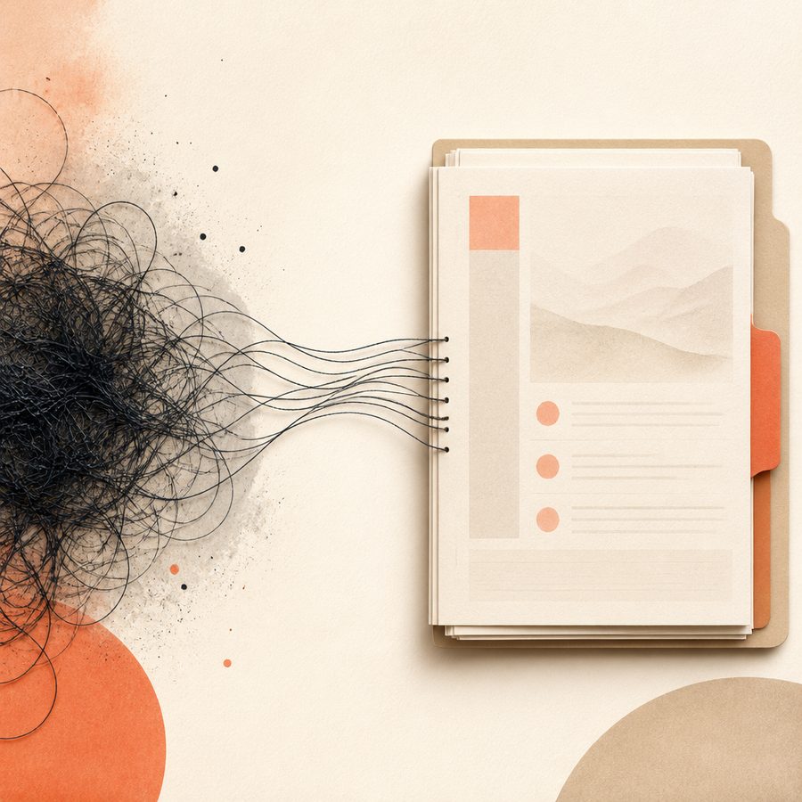 Illustration: verworrene Fäden werden zu einer klaren Akte