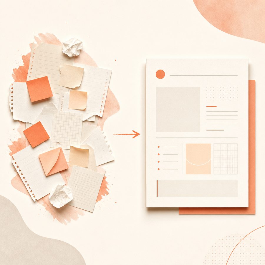 Illustration: verstreute Seiten werden zu einem Workspace